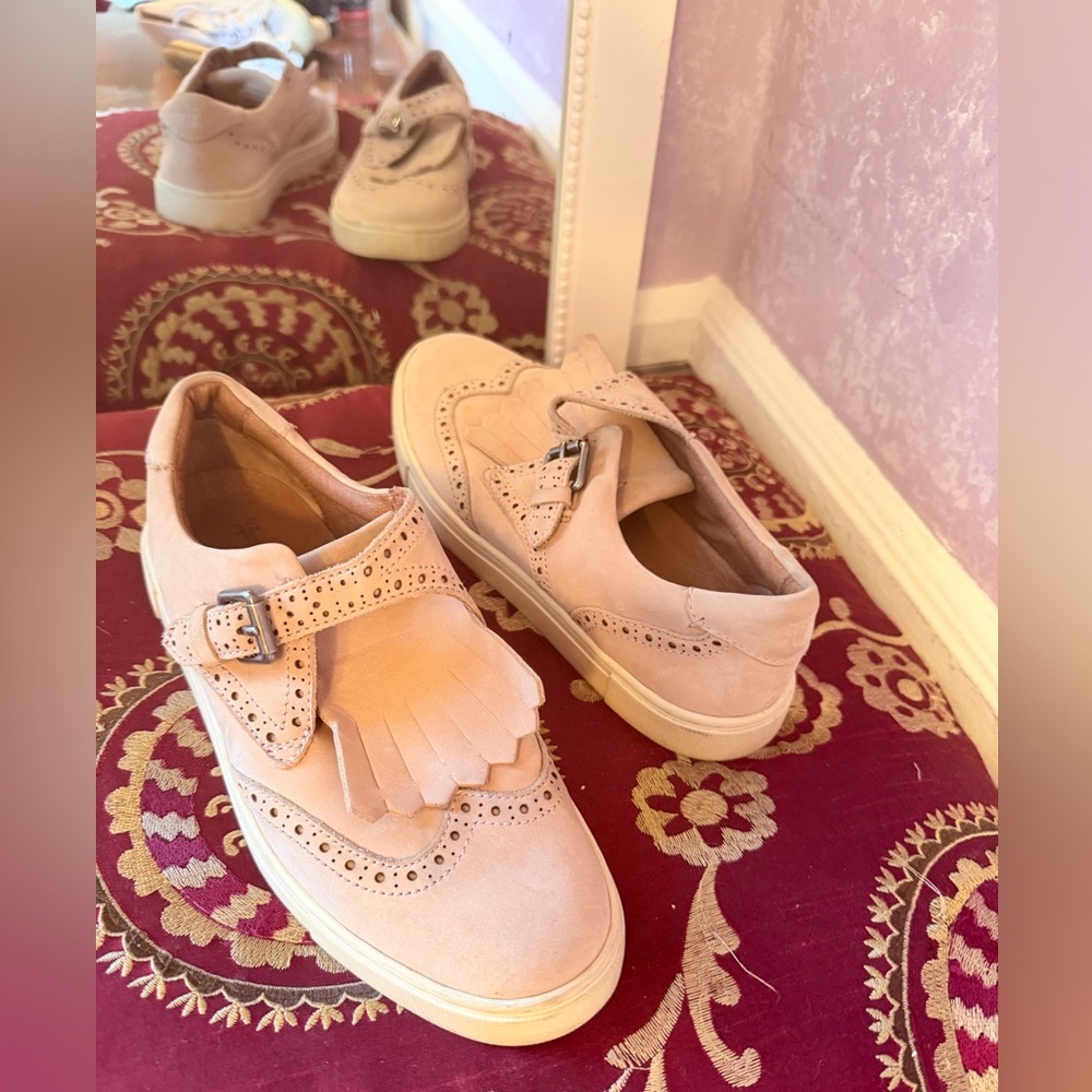 Blush Frye Suede Kiltie Buckle Loafers
